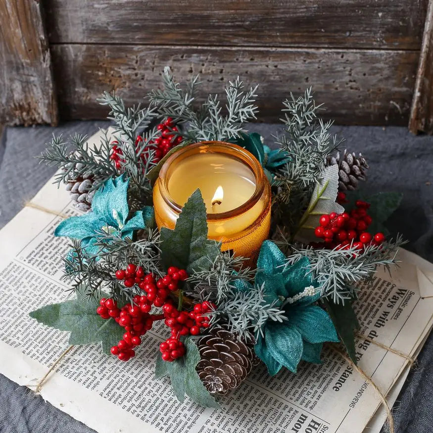 Natal vela grinalda mesa de jantar decorações clássico bagas vermelhas pinha peça central guirlanda multifuncional castiçal 2025