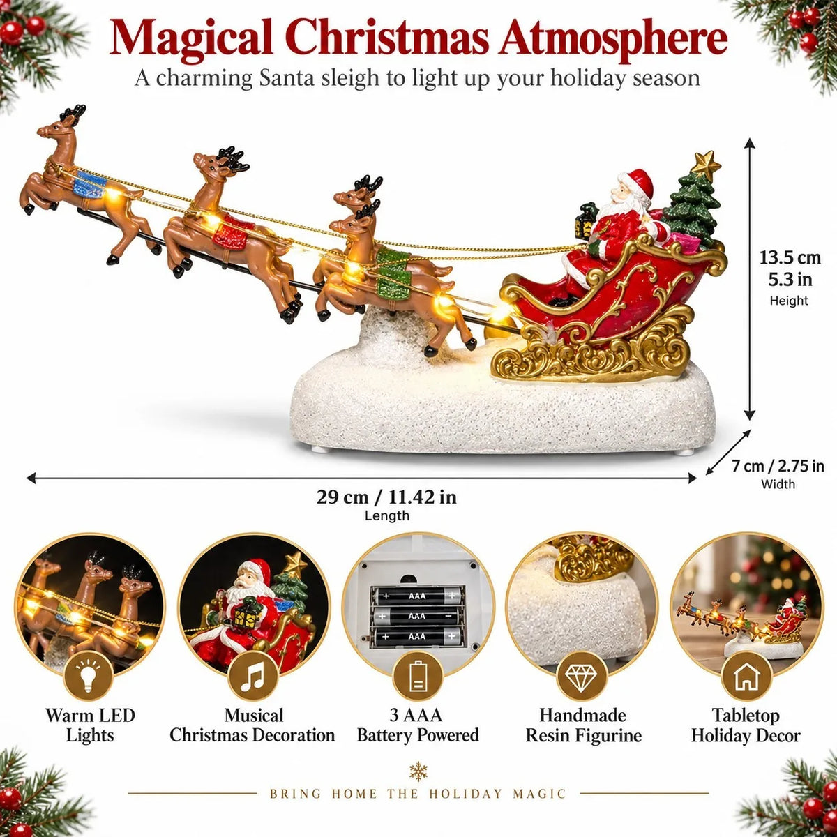 Decoração de Natal para a Casa: Vila Natalina com Trenó do Papai Noel, Rena e Lareira Iluminada e Musical, Presente de Natal para Mesa