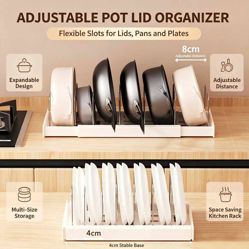 Organizador de Utensílios de Cozinha Expansível com 7 Compartimentos Ajustáveis, Suporte para Panelas, Organizador de Armário