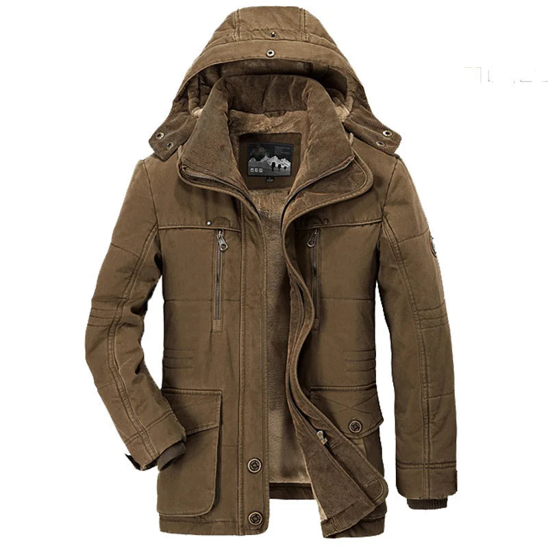 Men's Winter Jacket Parka Plus Velvet Thick Multi Pocket Jackets Solid Parkas Male Plus Size Windproof Fleece Warm Thick Coats