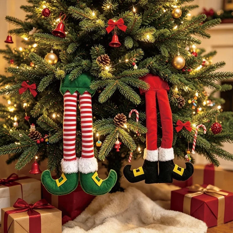 Nova decoração de porta de Natal com laço, árvore de Natal, Papai Noel e enfeite de perna de elfo, decoração de cenas natalinas para casa.