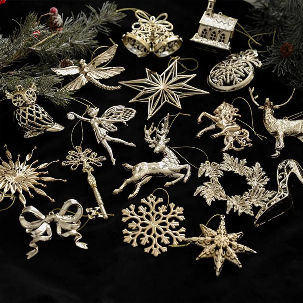 Ouro natal pendurado decoração de plástico borboleta libélula árvore de natal ornamento anjo floco de neve vitrine enfeites de natal