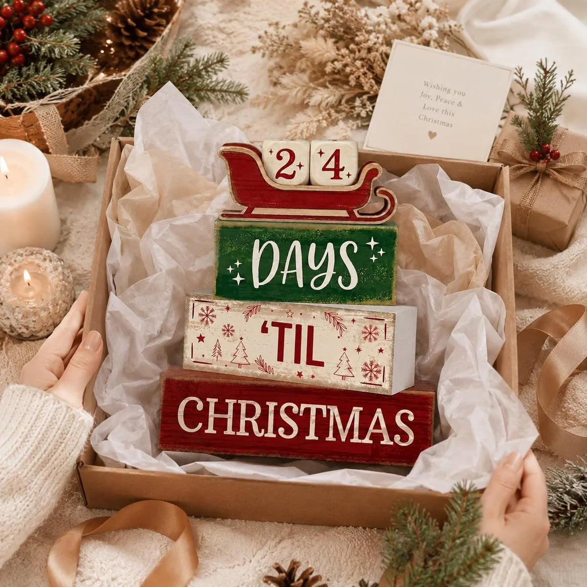 Decorações de Natal em madeira para uso interior, decoração rústica para mesa em estilo campestre, calendário do Advento com tema de trenó e contagem regressiva para o Natal.