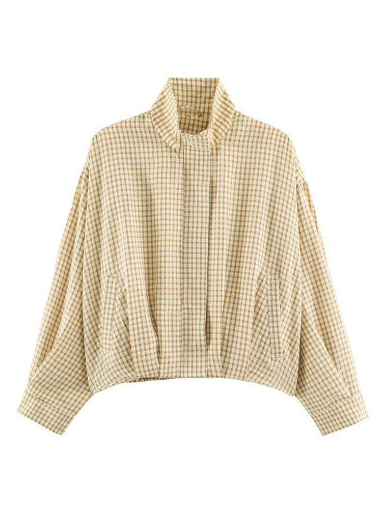 Women's Casual Plaid Short Trench Coat, Lapel, Double-Breasted, Belted Waist, Loose Long Sleeve Checkered Jacket, Autumn Windbreaker