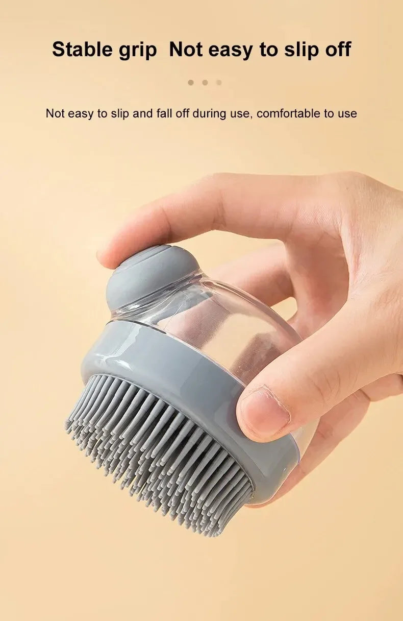Escova de banho para animais de estimação, silicone macio com dispensador de shampoo, massagem suave para aliciamento e limpeza de pele e cabelo