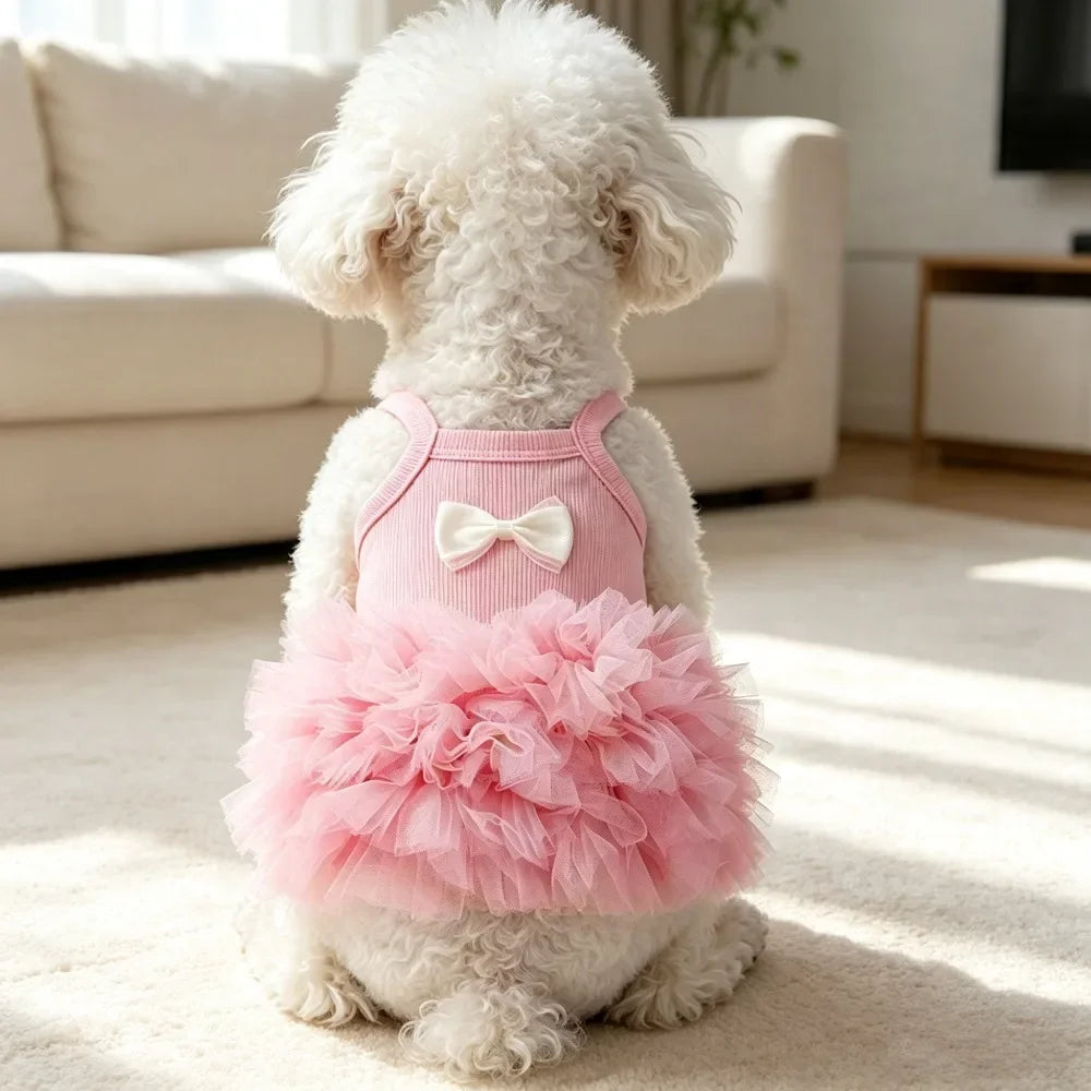 1PC Vestido Tutu Rosa Fofo para Cães com Laço, Saia de Tule Respirável para Animais de Estimação, para Cães e Gatos Pequenos