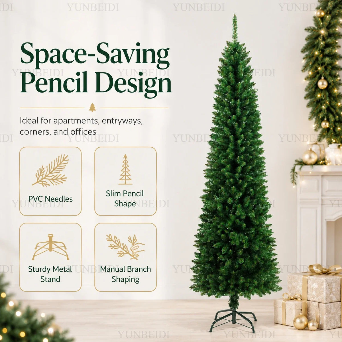 Árvore de Natal Artificial em PVC, Modelo Lápis, de 120CM a 210CM, Grande Decoração para Festas em Família e Atmosfera Natalina