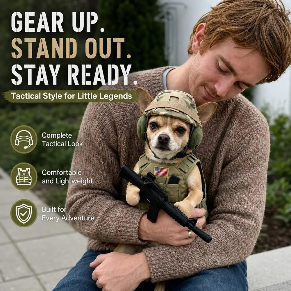 Uniforme tático para animais de estimação, fantasia de soldado para Halloween para cães e gatos, arnês tático para cães com chapéu, roupa militar divertida.