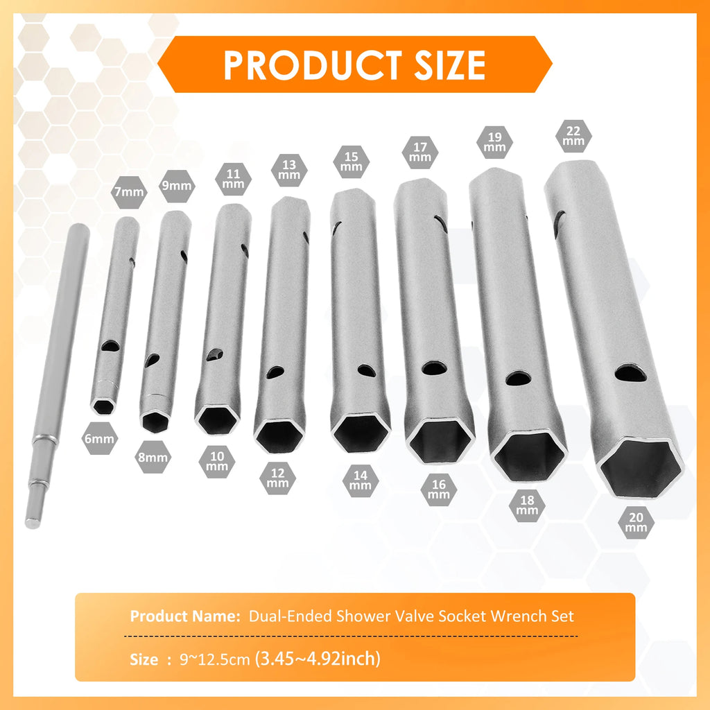 Conjunto de chave de soquete para válvula de chuveiro, 9/10 peças, aço carbono, encanador, chave tubular de ponta dupla para remoção de velas de ignição