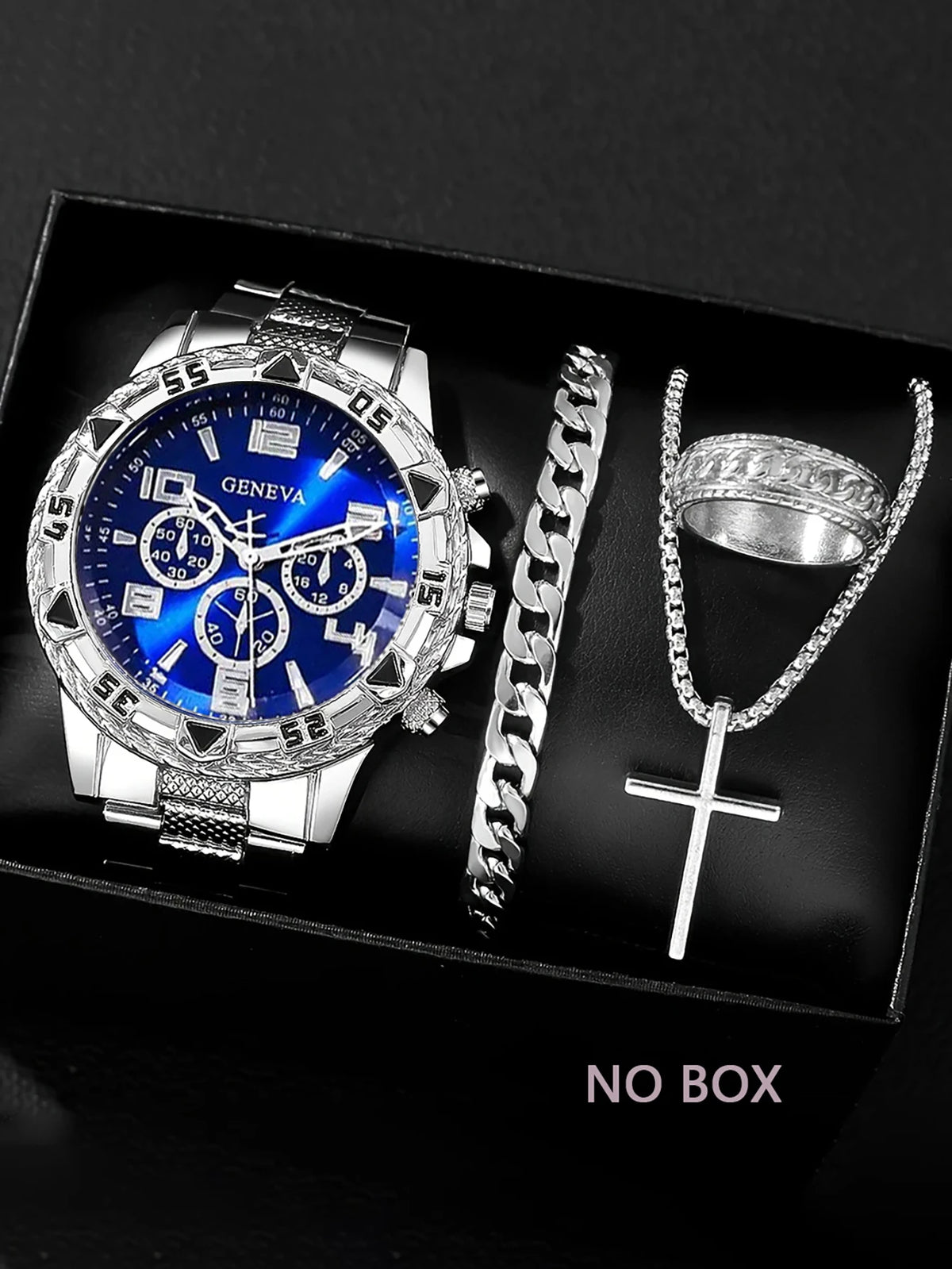 Gold alloy men's business steel bracelet quartz watch and chain bracelet necklace ring set - a birthday gift for him