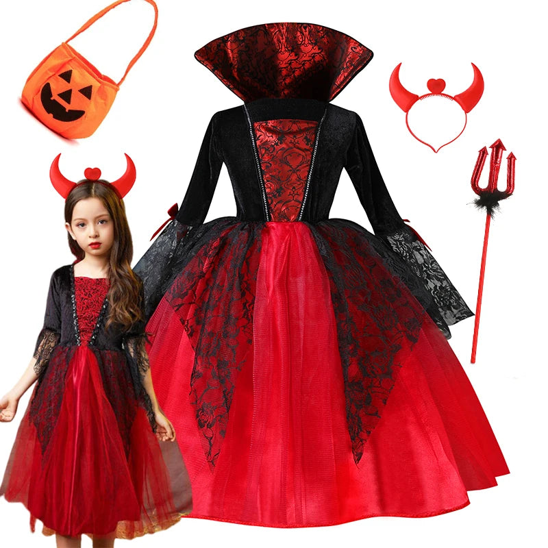 Fantasia de Personagem Vampiro Diabo para Meninas, Vestido de Tule Preto e Vermelho com Acessório de Chifre para Festa de Halloween
