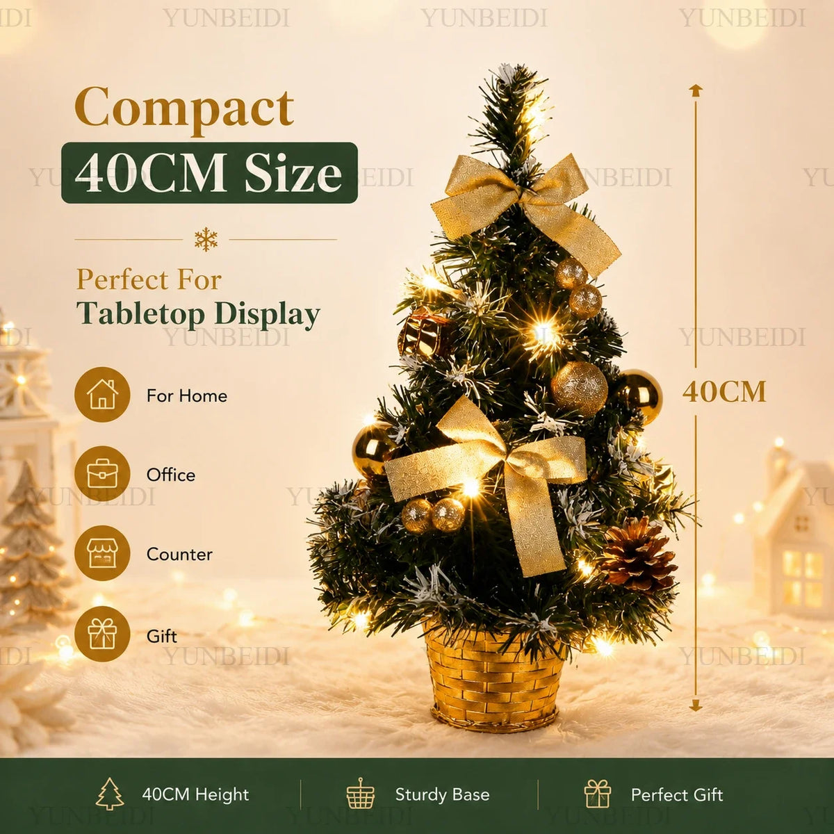 Mini Árvore de Natal Artificial de 40CM com Luzes LED, Decoração de Natal para Casa e Mesa, Presente de Ano Novo