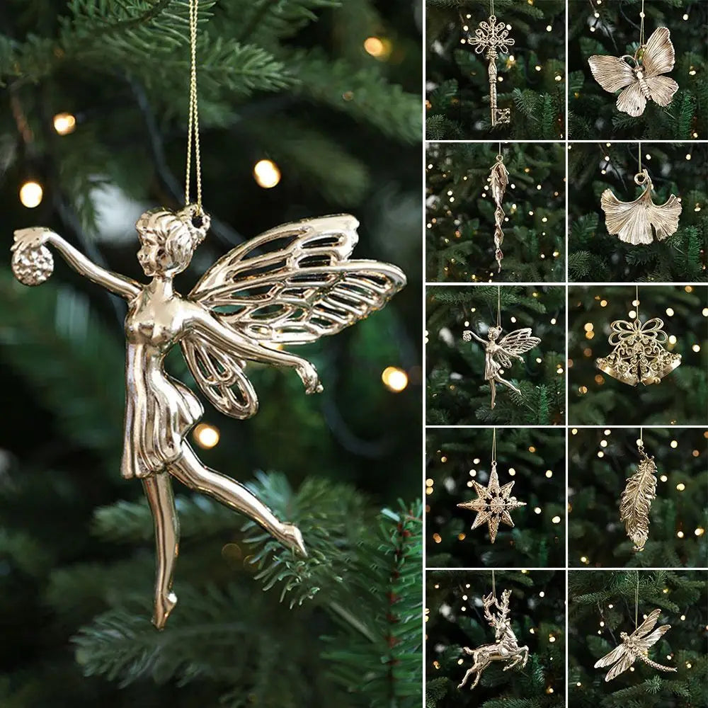 Ouro natal pendurado decoração de plástico borboleta libélula árvore de natal ornamento anjo floco de neve vitrine enfeites de natal