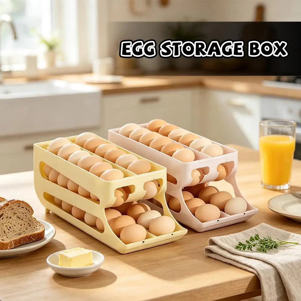 Organizador de ovos com rolagem automática para cozinha, dispensador de ovos de plástico, rack de armazenamento, suporte de ovos que economiza espaço para uso na geladeira, acessórios de cozinha