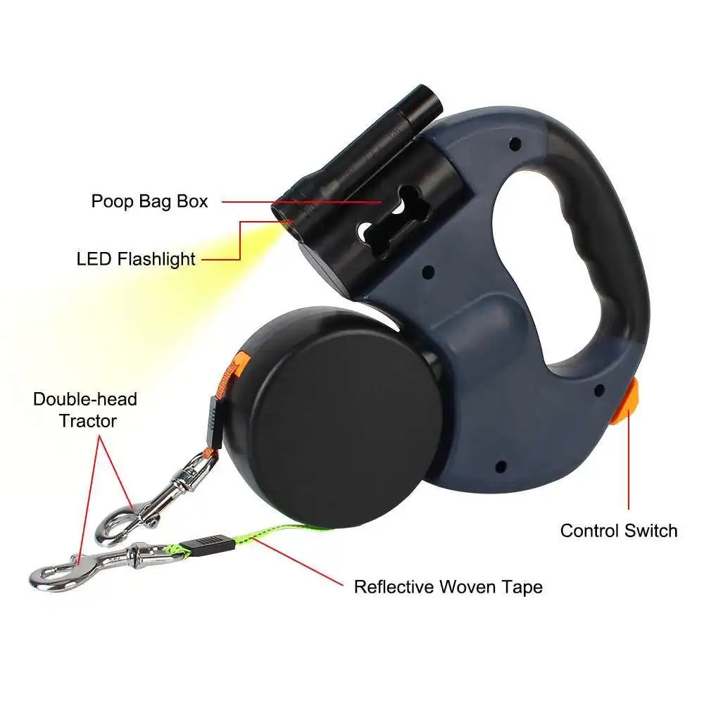 Trela retrátil automática para cães, 3m, com lanterna led, saco de resíduos, roleta, corda de tração dupla de 360 graus, suprimentos para animais de estimação