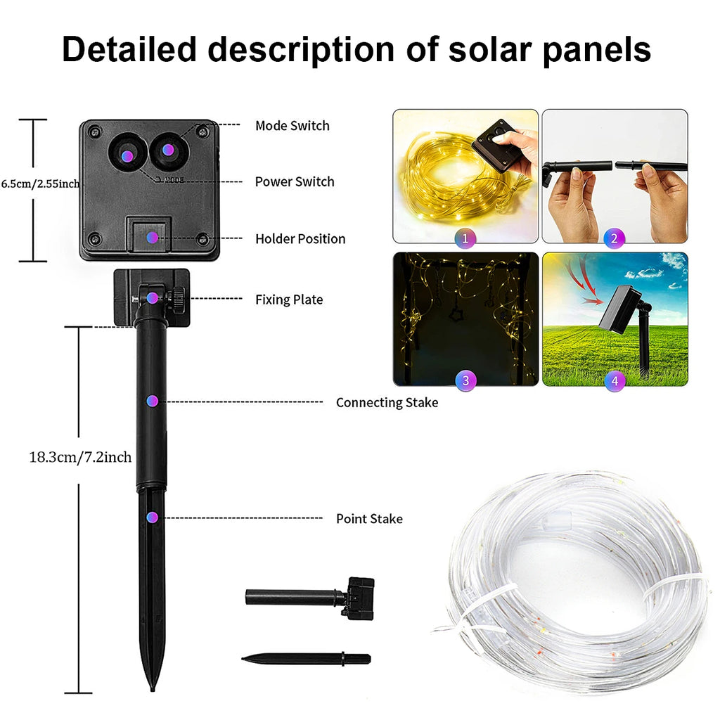 Luzes de Cordão Solar 200 LED à Prova d'Água para Exterior, Luzes de Fada Alimentadas por Energia Solar com 8 Modos para Decoração de Natal em Jardim, Quintal e Árvore