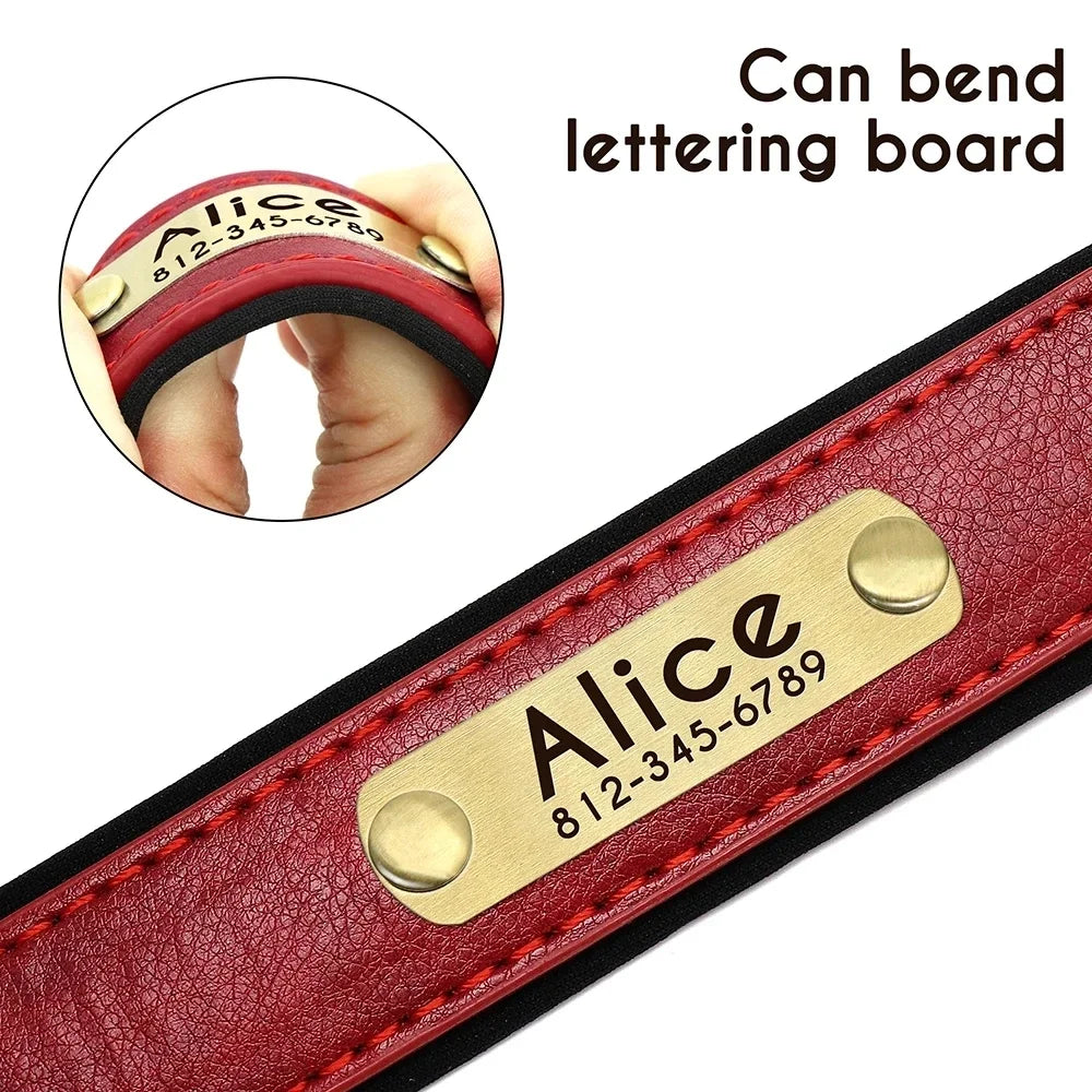 Coleira de Cão Personalizada em Couro com Placa de Identificação, Almofadada e Macia, Gravação Gratuita do Nome para Cães Pequenos, Médios e Grandes