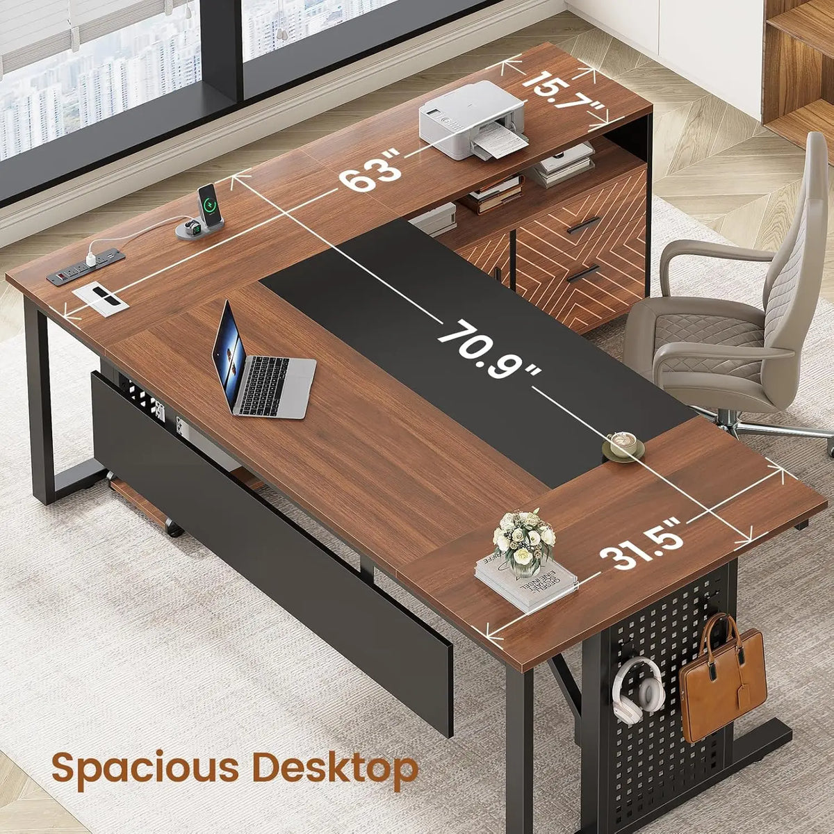 Mesa Executiva de 71 polegadas com Armário Arquivador com Rodas, Mesa de Escritório Grande com Gavetas, Mesa de Computador em L com Tomada, Personalizável
