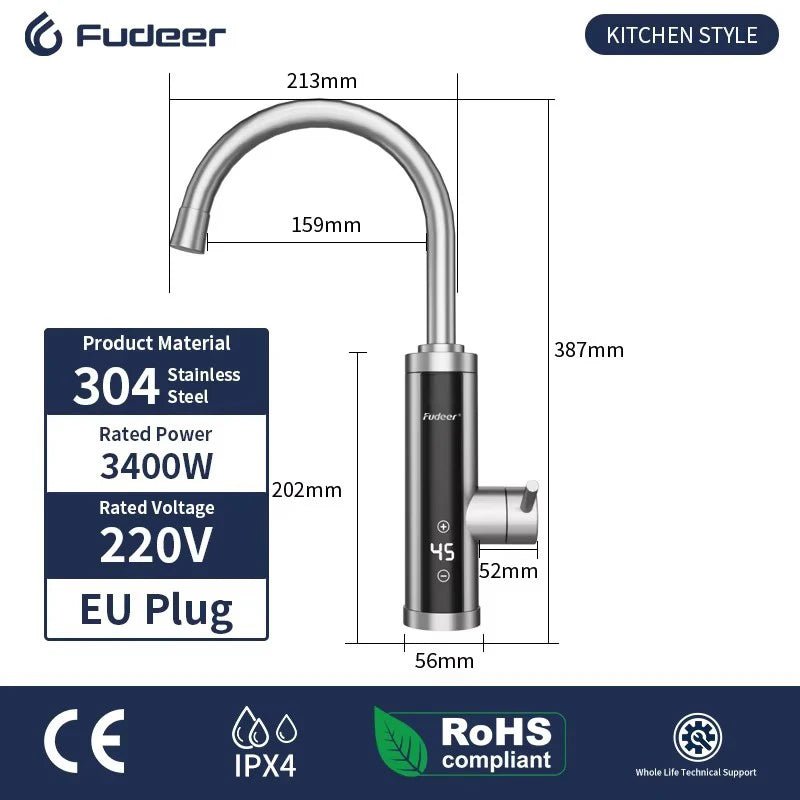 Fudeer 3400W 220V Cozinha Elétrica Aquecedor de Água Torneira Instantânea de Aço Inoxidável Torneira de Água Aquecedor Torneira de Aquecimento Frio - Kasa & Pet