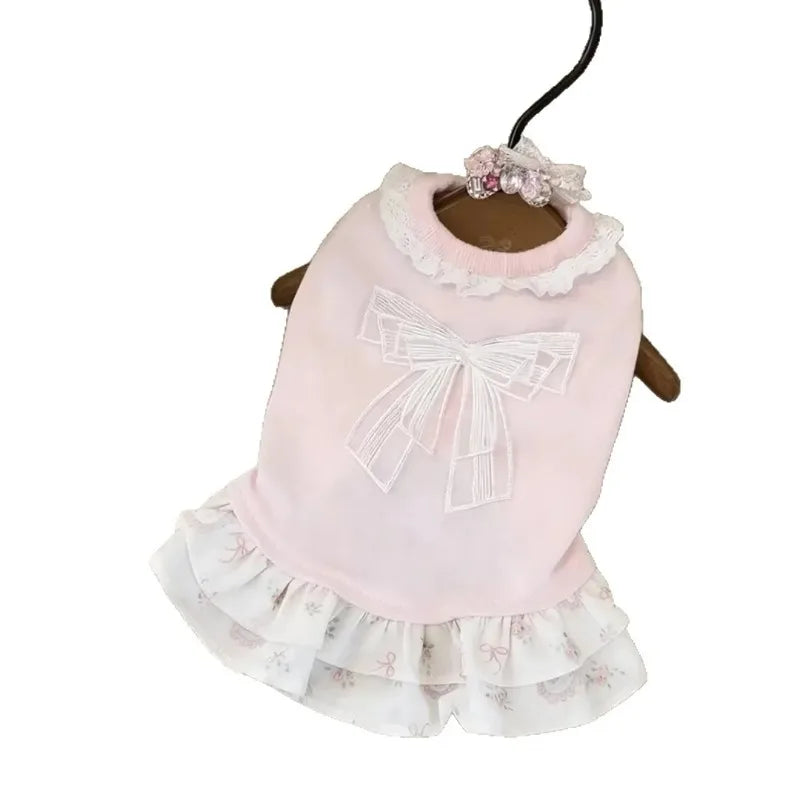 Vestido de Primavera/Verão para Pets, Fino, Rosa, com Laço, Saia Fofa, Roupa Respirável para Cães e Gatos Pequenos, Bichon, Schnauzer, Uso Diário