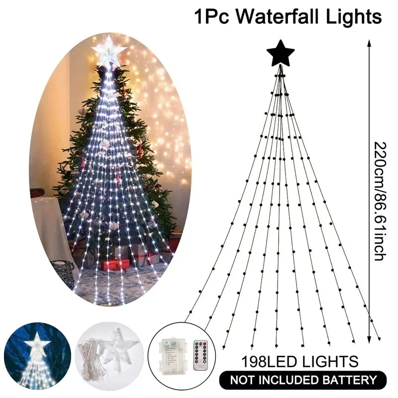 Luzes de corda de fadas cascata de natal com estrela topper, decorações de árvore de natal para casa 2025 navidad natal ano novo 2026
