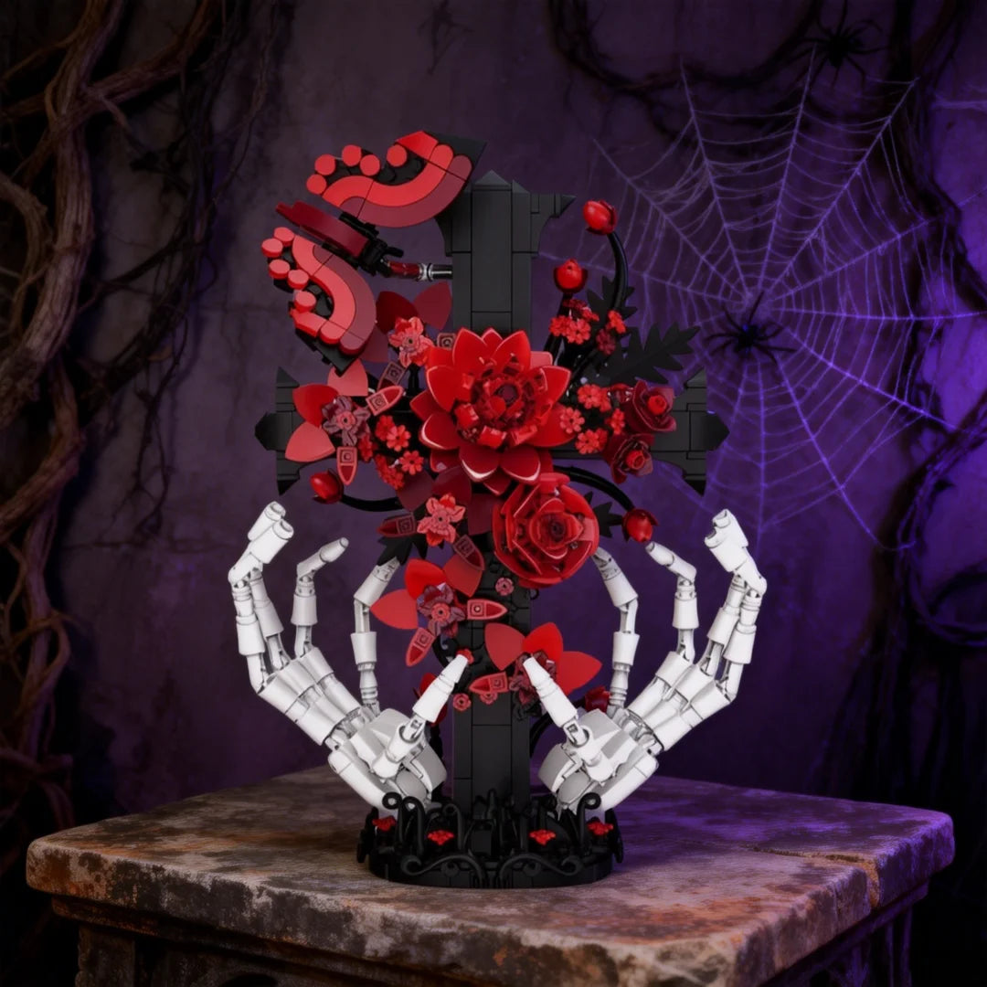 Decoração de Mesa Gótica Escura para Halloween: Brinquedo de Blocos de Montar Mão de Esqueleto com Rosa e Cruz – Ornamento Assustador, Presente Criativo DIY para Adultos