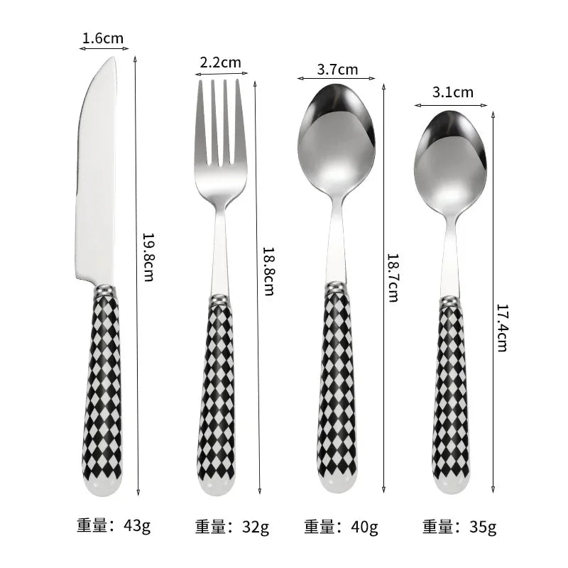 Conjunto de Talheres Retrô Coreano de Aço Inoxidável com Pontos, 4 Peças, Garfo de Bife e Colher de Manteiga, Conjunto de Talheres Domésticos para Jantar