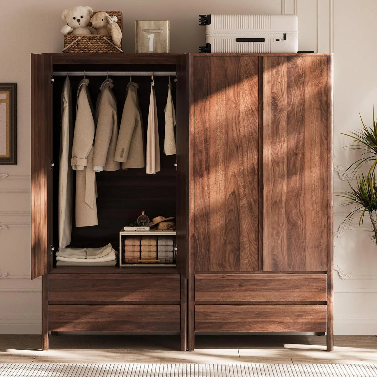 Guarda-Roupa Moderno de Nogueira com 2 Portas e 2 Gavetas, 180 cm de Altura, Armário de Quarto com Puxadores Ocultos, Armazenamento de Madeira Independente