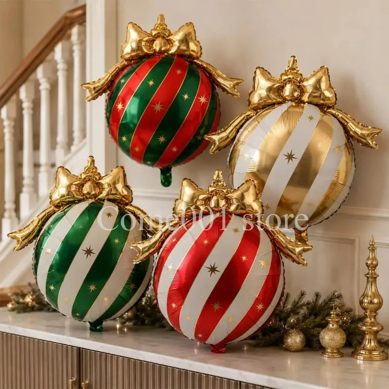 Balão Metalizado de Natal em Forma de Bola, Balões Estrela Listrados, Laço Dourado, Decoração para Pendurar na Árvore de Natal, Balões de Feliz Natal