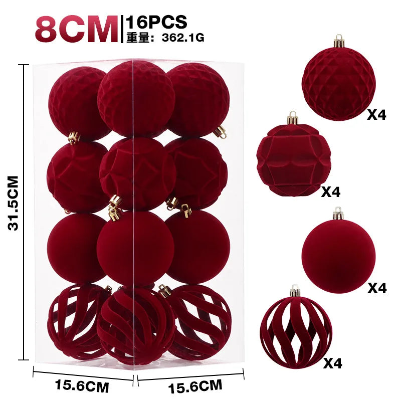 16 Bolas de Natal de Veludo de 8CM, Enfeites de Luxo Flocados para Pendurar na Árvore de Natal, Pingentes para Decorações de Festas de Ano Novo