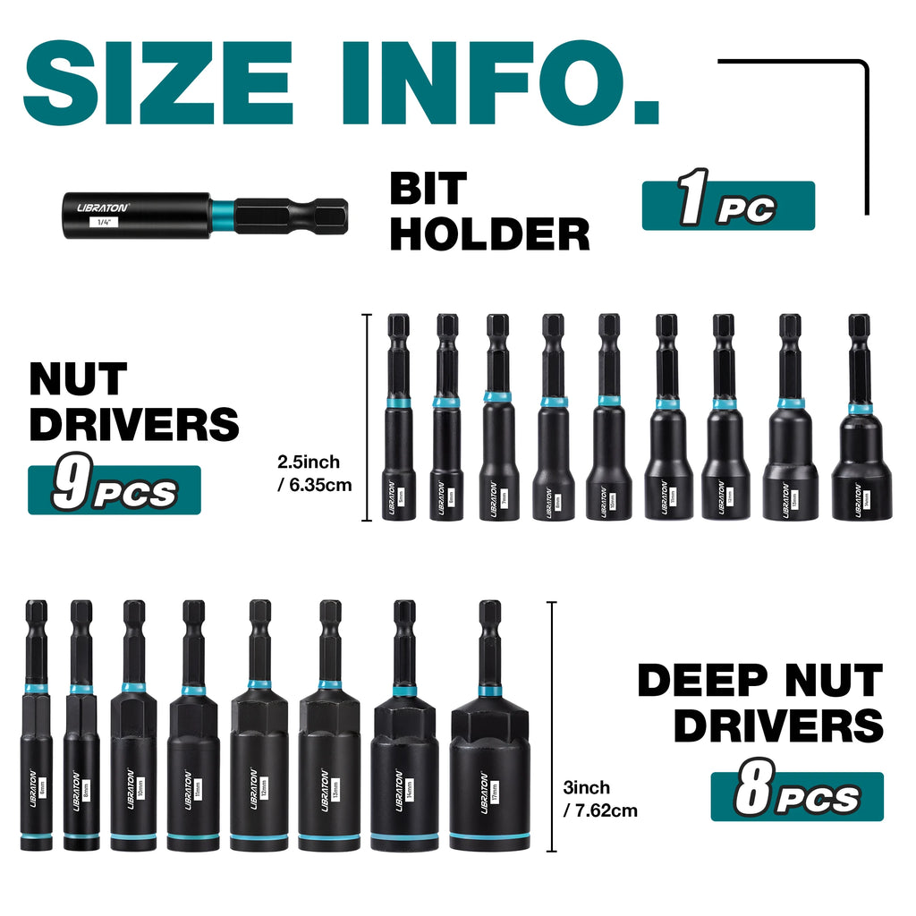 16/18 pçs conjunto de driver de porca magnética sae/conjunto de driver de porca de impacto métrico 1/4 "hex shank porca driver bit conjunto para impacto broca porca driver
