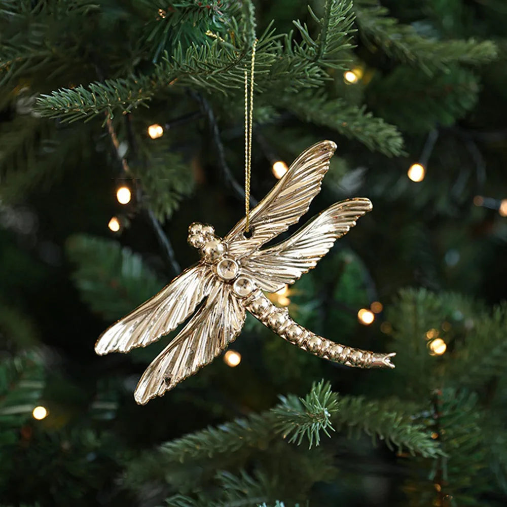 Ouro natal pendurado decoração de plástico borboleta libélula árvore de natal ornamento anjo floco de neve vitrine enfeites de natal