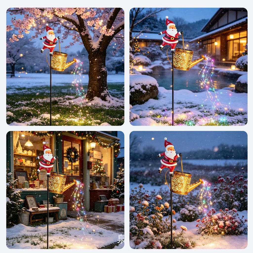 Lanterna Solar de Natal com Papai Noel para Jardim, Regador de Metal à Prova d'Água para Decoração de Quintal e Pátio