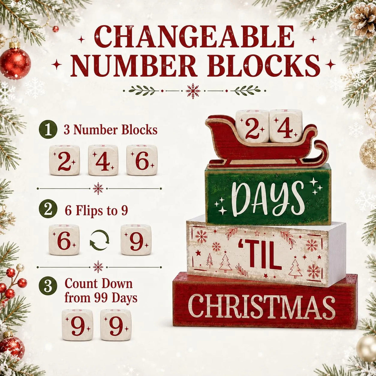 Decorações de Natal em madeira para uso interior, decoração rústica para mesa em estilo campestre, calendário do Advento com tema de trenó e contagem regressiva para o Natal.