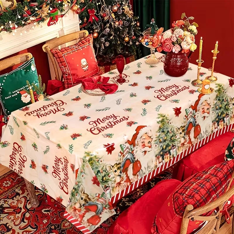 Toalha de Mesa de Natal: Decoração Clássica de Inverno com Estampa de Papai Noel, Floco de Neve e Pinhas – Suprimentos para Cenário Festivo