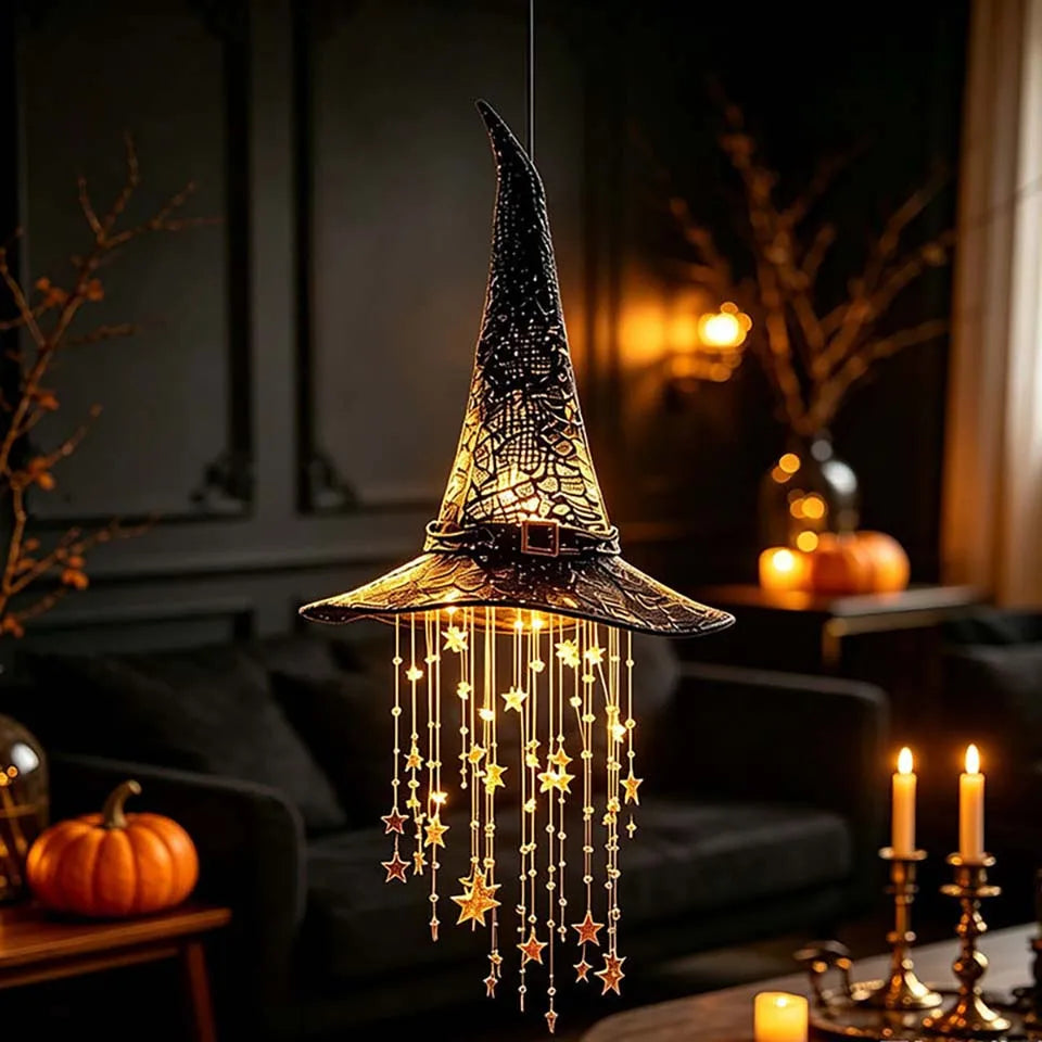 Chapéu de Bruxa Iluminado com Sino Pendurado, Ornamento de Halloween para Exterior, Estrelas em Cascata de Malha Brilhante, Decoração com Moldura Preta, Decoração de Festa
