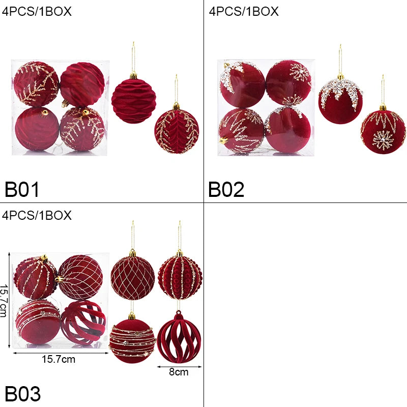 4 pçs 8cm vinho vermelho bola de natal ornamento decoração da árvore de natal esferas pingente textura de veludo bola ano novo decoração para casa