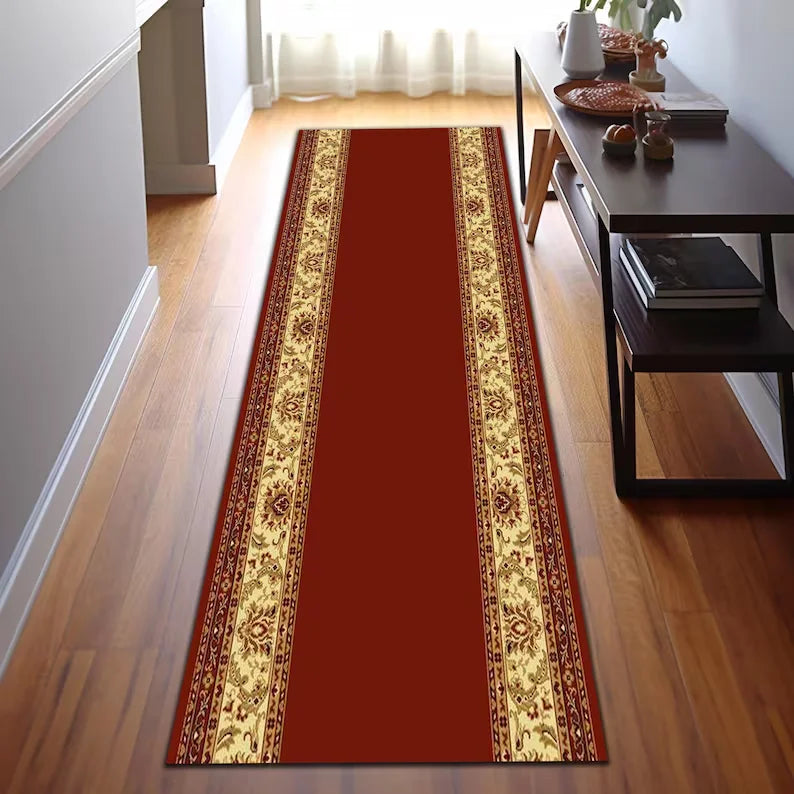 Tapete Passadeira Vermelho Ornamentado Lavável Antiderrapante para Corredor, Tapete de Boas-Vindas para Protocolo, Comprimento e Tamanho Ilimitados