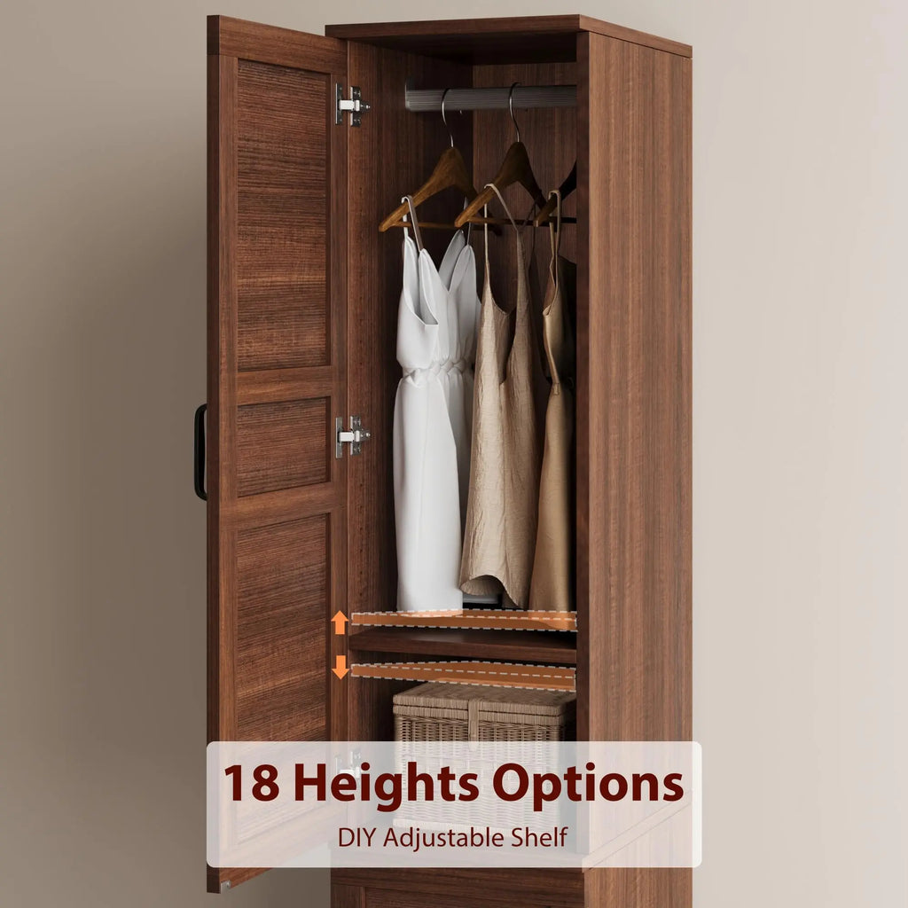 Guarda-roupa de madeira de 183 cm – 2 portas, varão para pendurar roupas, 18 prateleiras ajustáveis, organizador de armazenamento estreito para quarto.