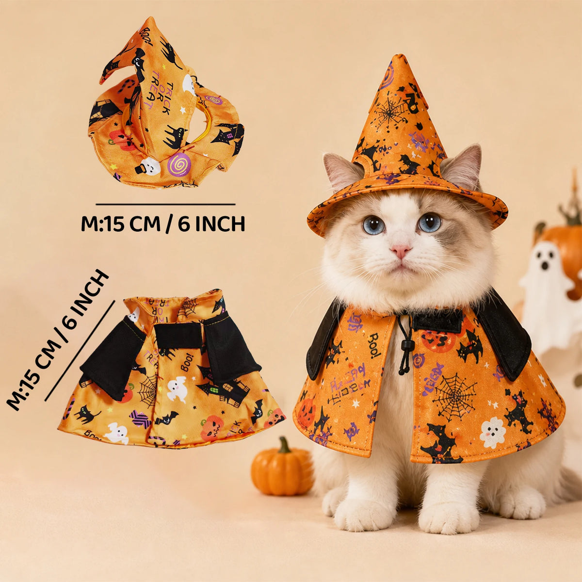 Fantasia de bruxa para Halloween, para gatos e cães de pequeno porte, com chapéu de bruxa e roupa estampada, cordão ajustável e fechos de velcro.