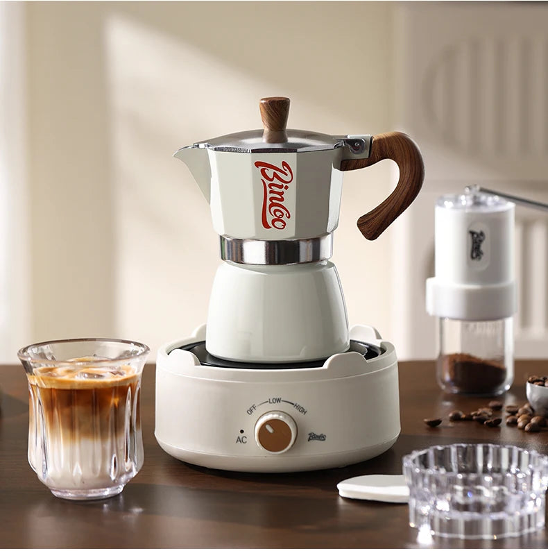 Bincoo Moka Pot e Fogão Elétrico Combo Máquina de Espresso Design Compacto para Pequenos Espaços para Ricas Preparação de Café em Estilo Italiano