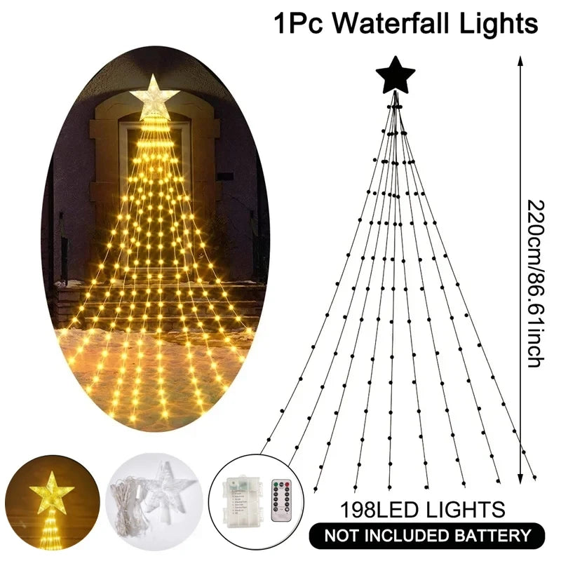 Luzes de corda de fadas cascata de natal com estrela topper, decorações de árvore de natal para casa 2025 navidad natal ano novo 2026
