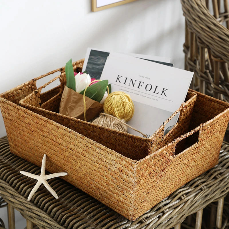 Zerolife cesta de ervas marinhas tecidas naturais, cesta de palha de vime para mesa de casa, toalhas de pão de frutas, pequeno recipiente de armazenamento de cozinha