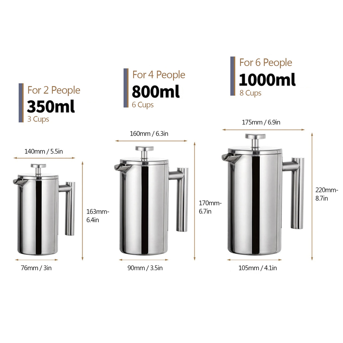 Cafeteira Francesa de 350ml/800ml/1000ml em Aço Inoxidável com Parede Dupla Isolada