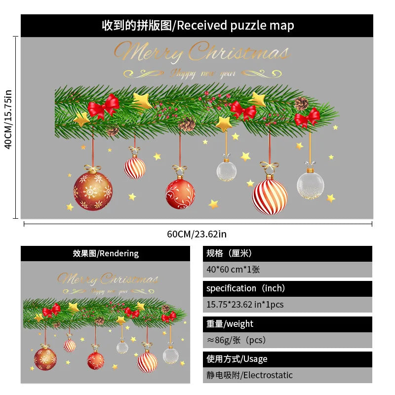 Decorações de Natal para criar um ambiente festivo, guirlanda para vitrine, autocolante estático, autocolante para vidro, autocolante com motivos de nó e sinos para janelas.