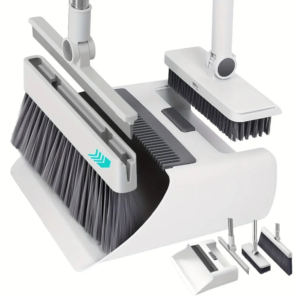 Conjunto de vassoura e pá de lixo 4 em 1 com rodo oculto - Ferramenta de limpeza de piso de escritório doméstico para remoção de manchas de água de graxa de vidro