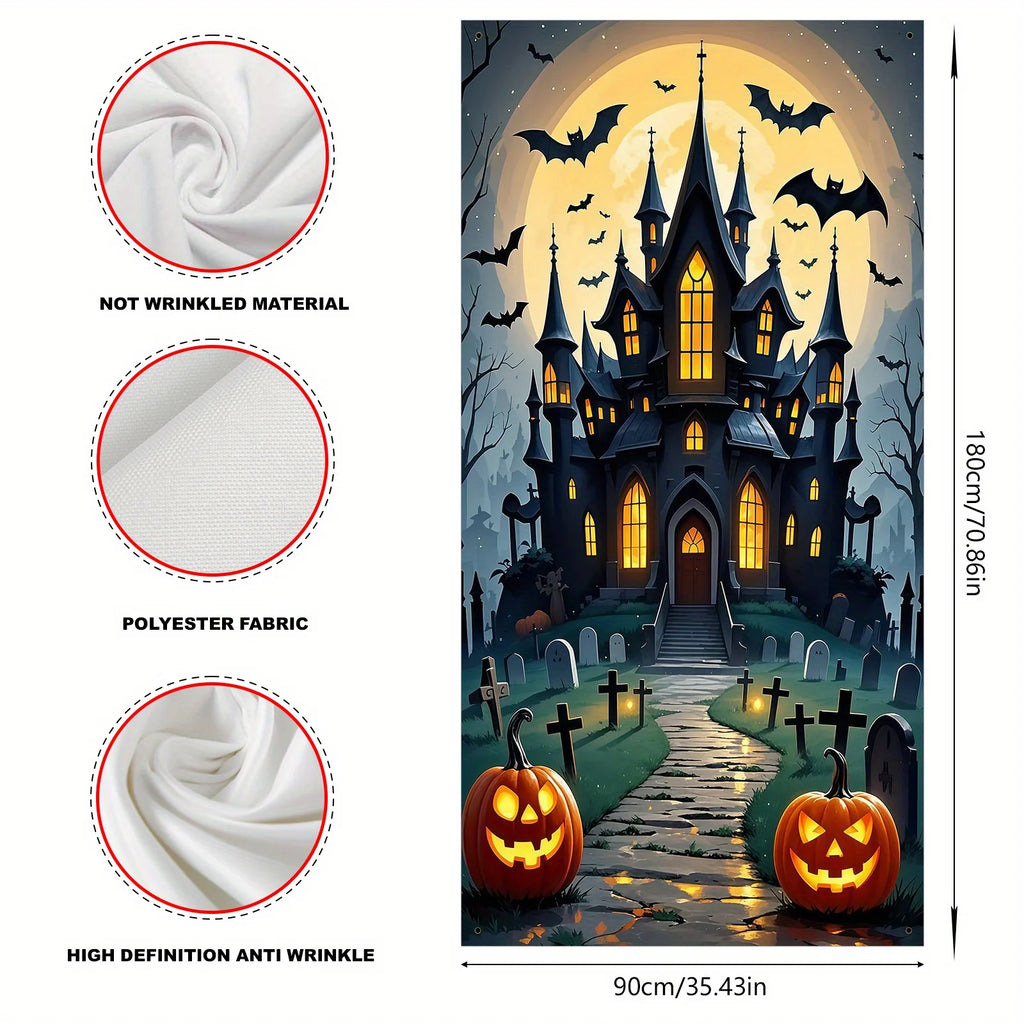 Decoração de Porta Assustadora para Halloween - Material de poliéster, design de lua cheia e castelo fantasma, perfeito para decoração de festas