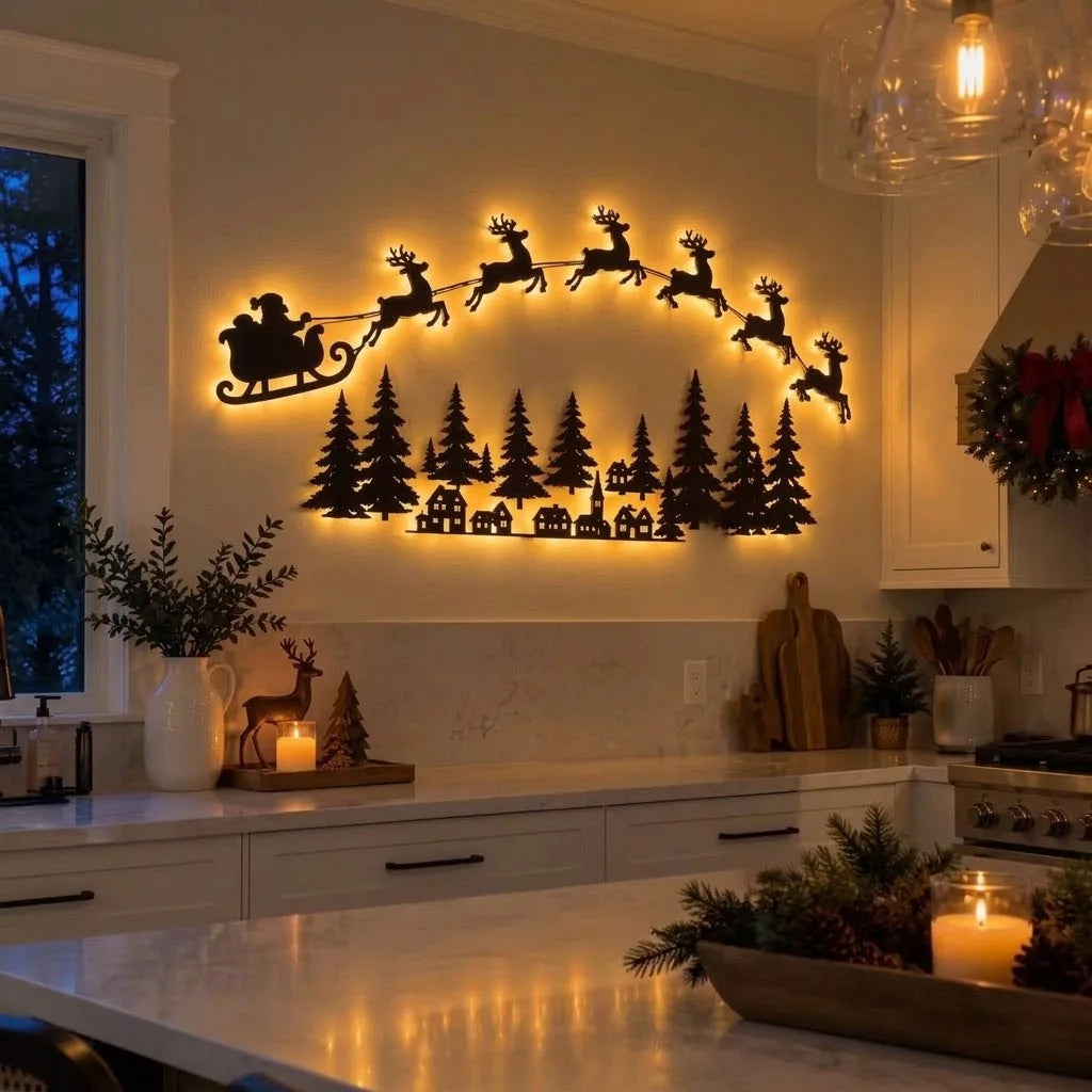 Decoração de parede natalina com luzes LED, trenó do Papai Noel, renas, árvore de pinheiro, encaixe recortado, para pendurar na moldura da porta, decoração para festas e celebrações em casa.