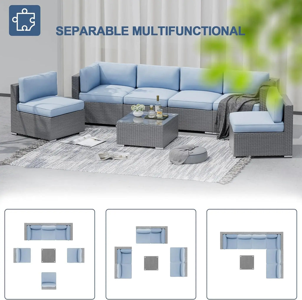 Conjunto de Móveis para Pátio Externo de 7 Peças, Sofá Seccional Cinza de Vime com Mesa de Centro, Personalizável