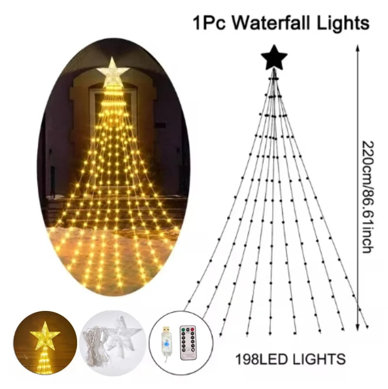 Luzes de corda de fadas cascata de natal com estrela topper, decorações de árvore de natal para casa 2025 navidad natal ano novo 2026